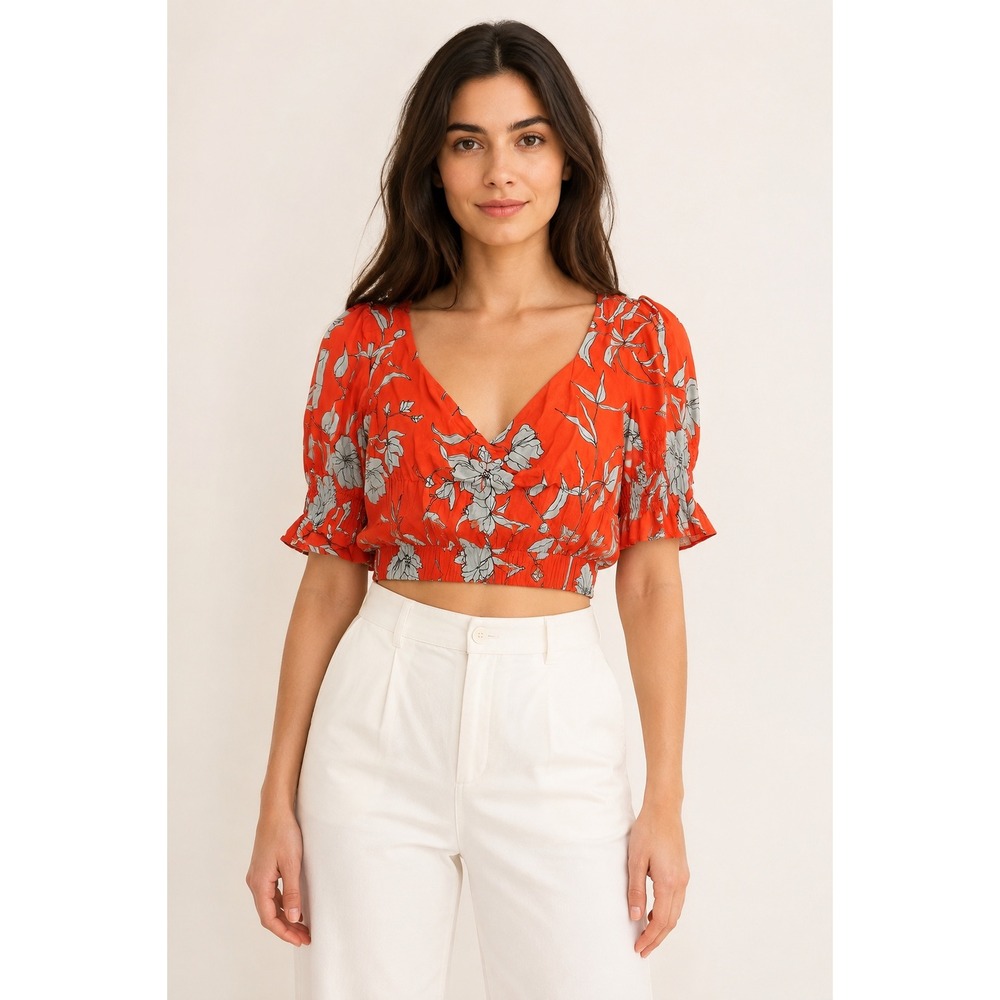 Charlie Holiday Red Orange Floral Puff Sleeve Crop Top XS Boho Cottagecore